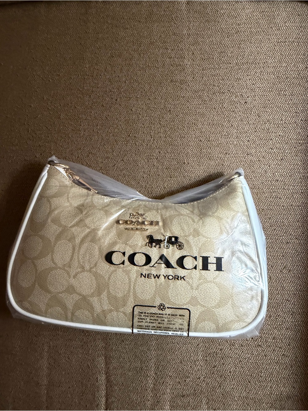 Coach New York Beige Logo Shoulder Bag with White Trim